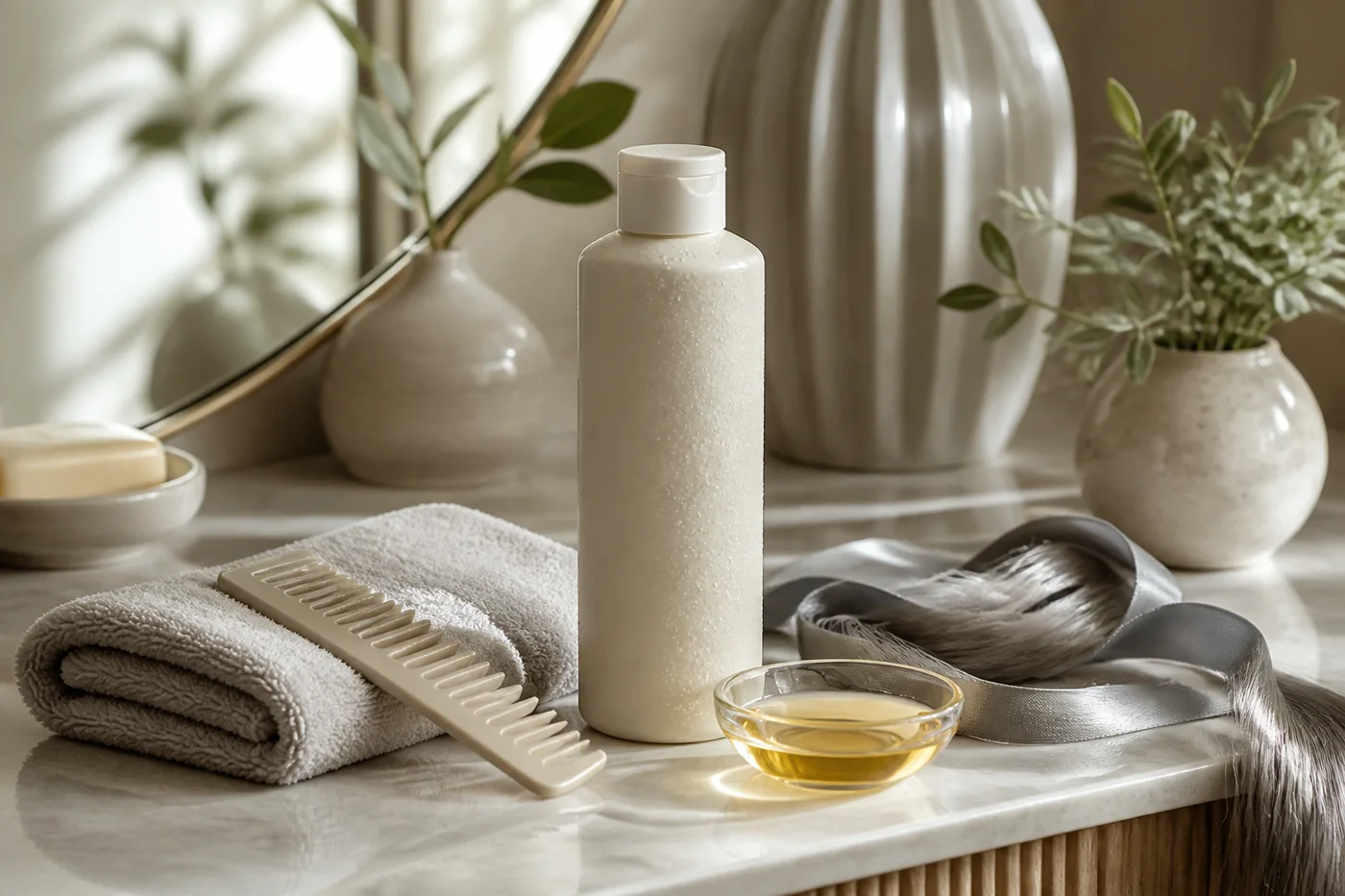 Gentle gray hair routine with towel comb and unbranded conditioner