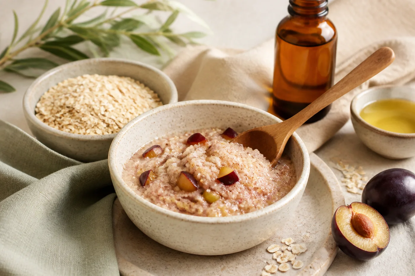 Plum oat almond oil gentle body polish in a ceramic bowl