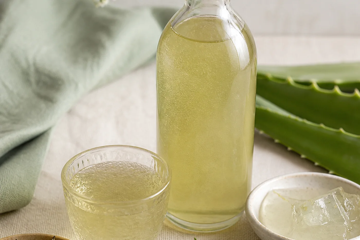White tea aloe soft shine hair rinse in a glass bottle with aloe and tea leaves