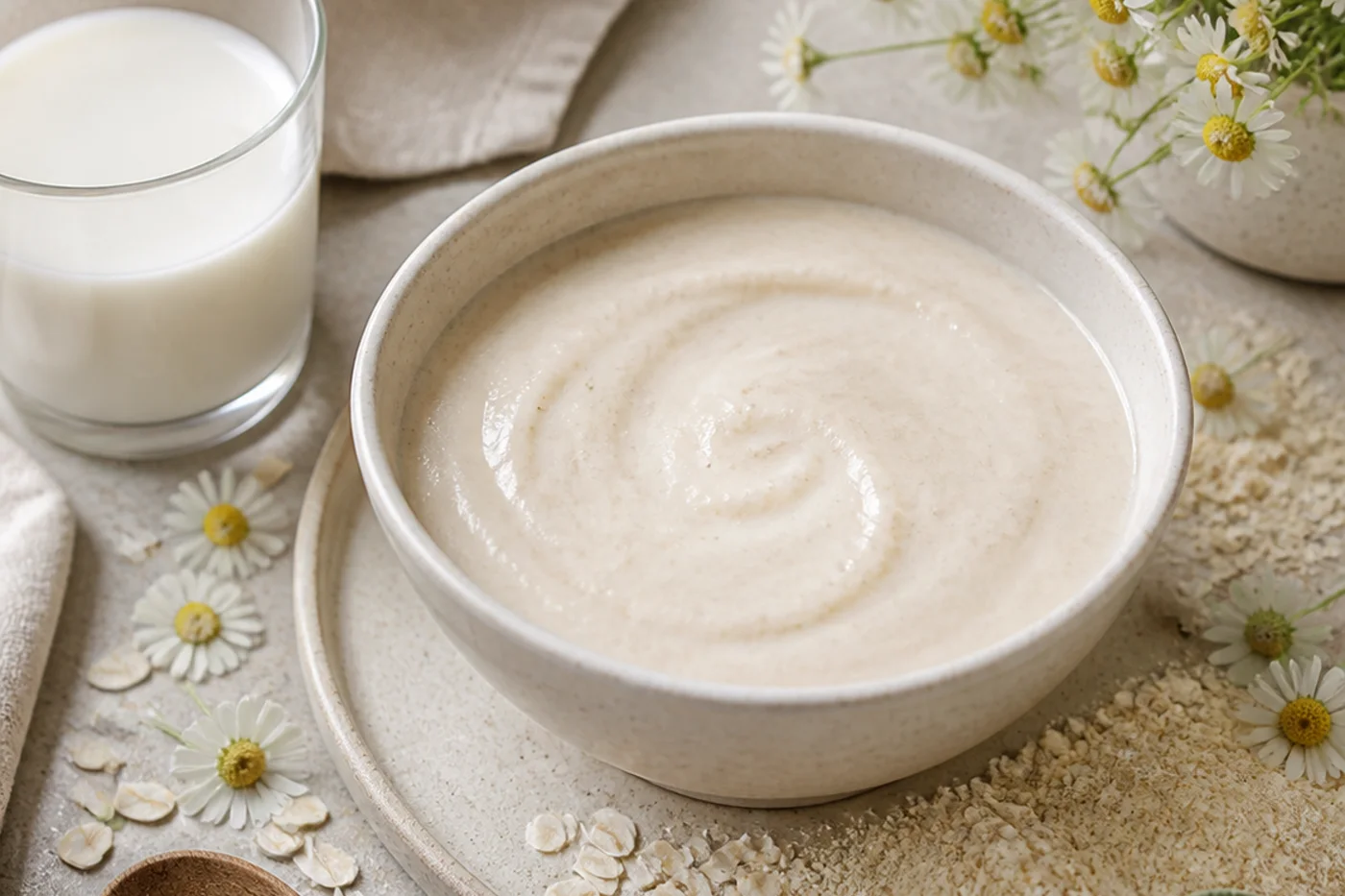 Chamomile oat milk calm face mask in a cream ceramic bowl