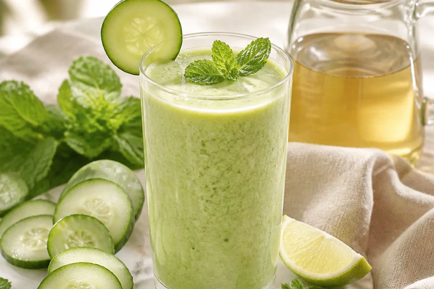 Cucumber mint green tea skin glow smoothie in a clear glass