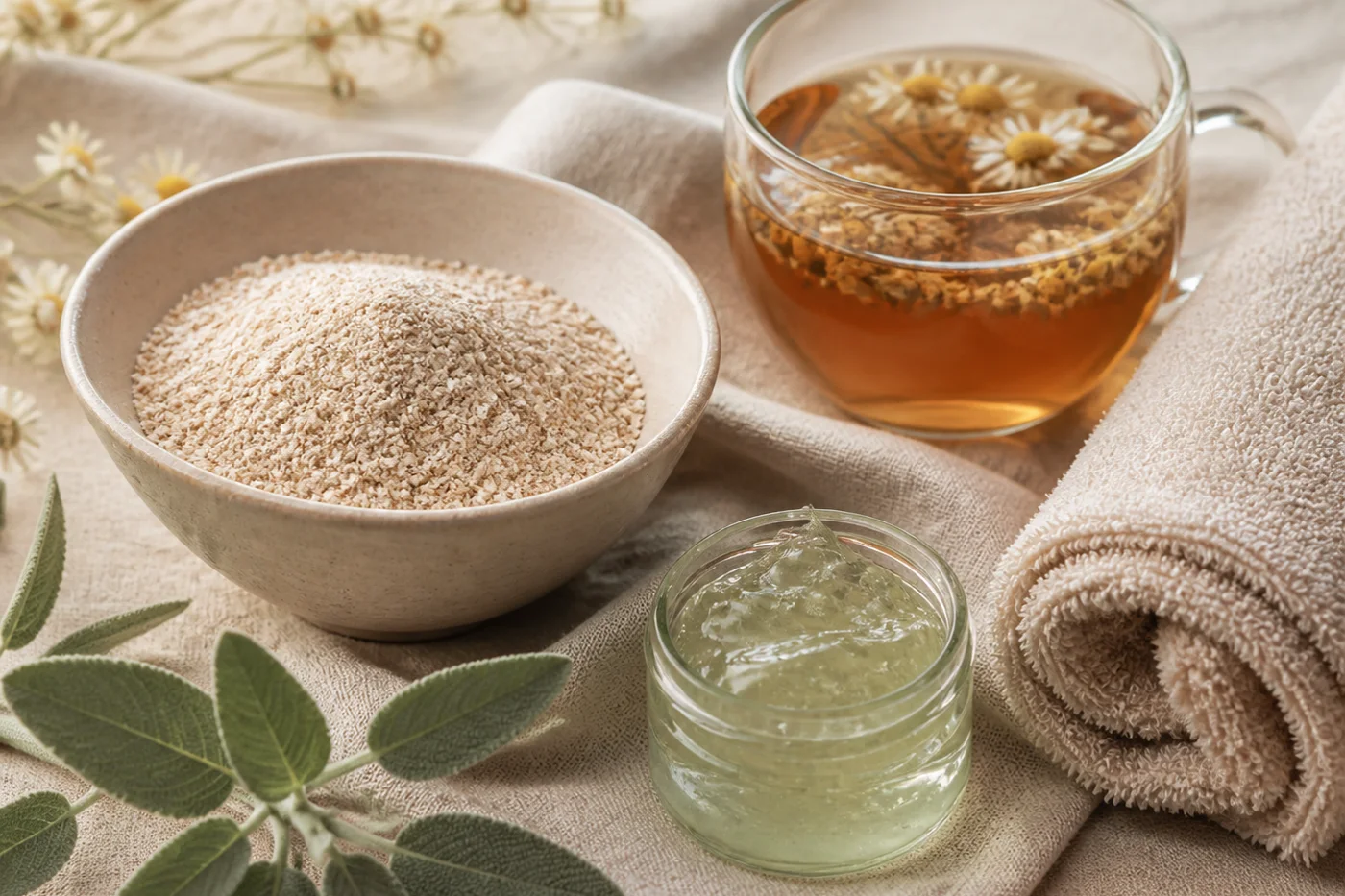 Oats chamomile tea aloe gel and soft towels for enzyme-free sensitive skin masks