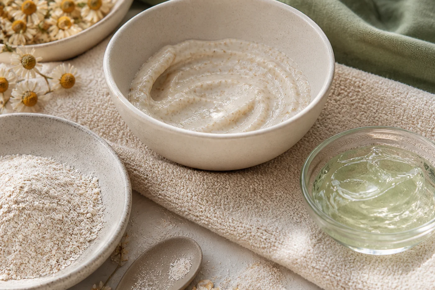 Creamy oat chamomile mask bowl with aloe gel and soft sage linen