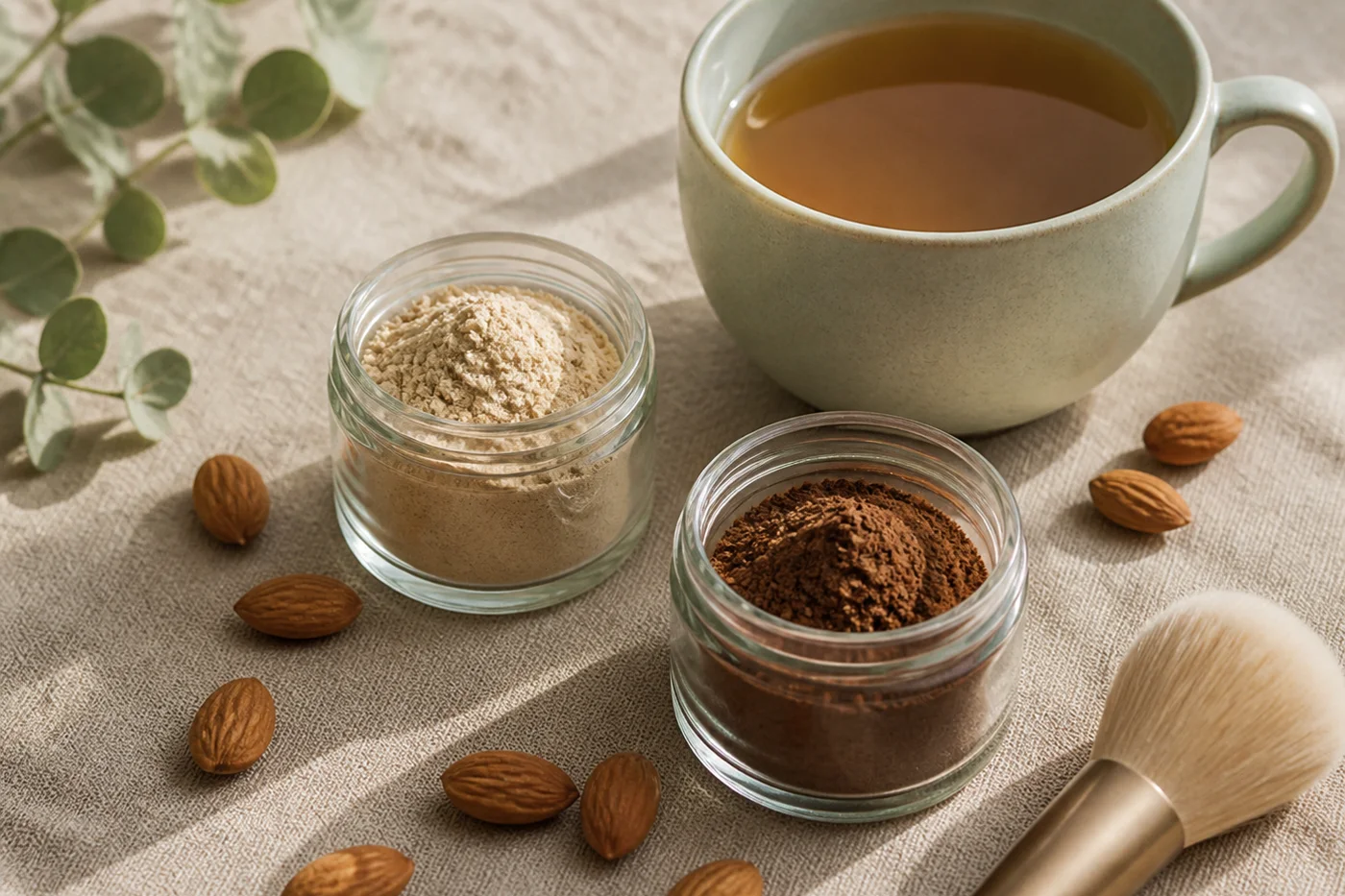 Herbal tea adaptogen powders almonds and a soft beauty brush