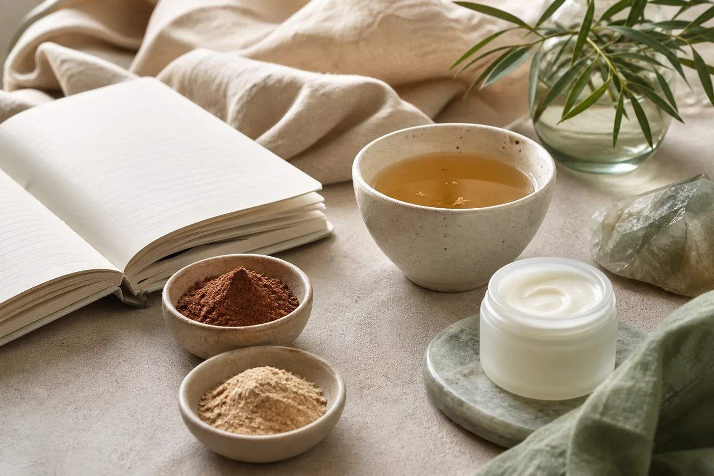 Notebook herbal tea adaptogen powders and a simple skincare jar