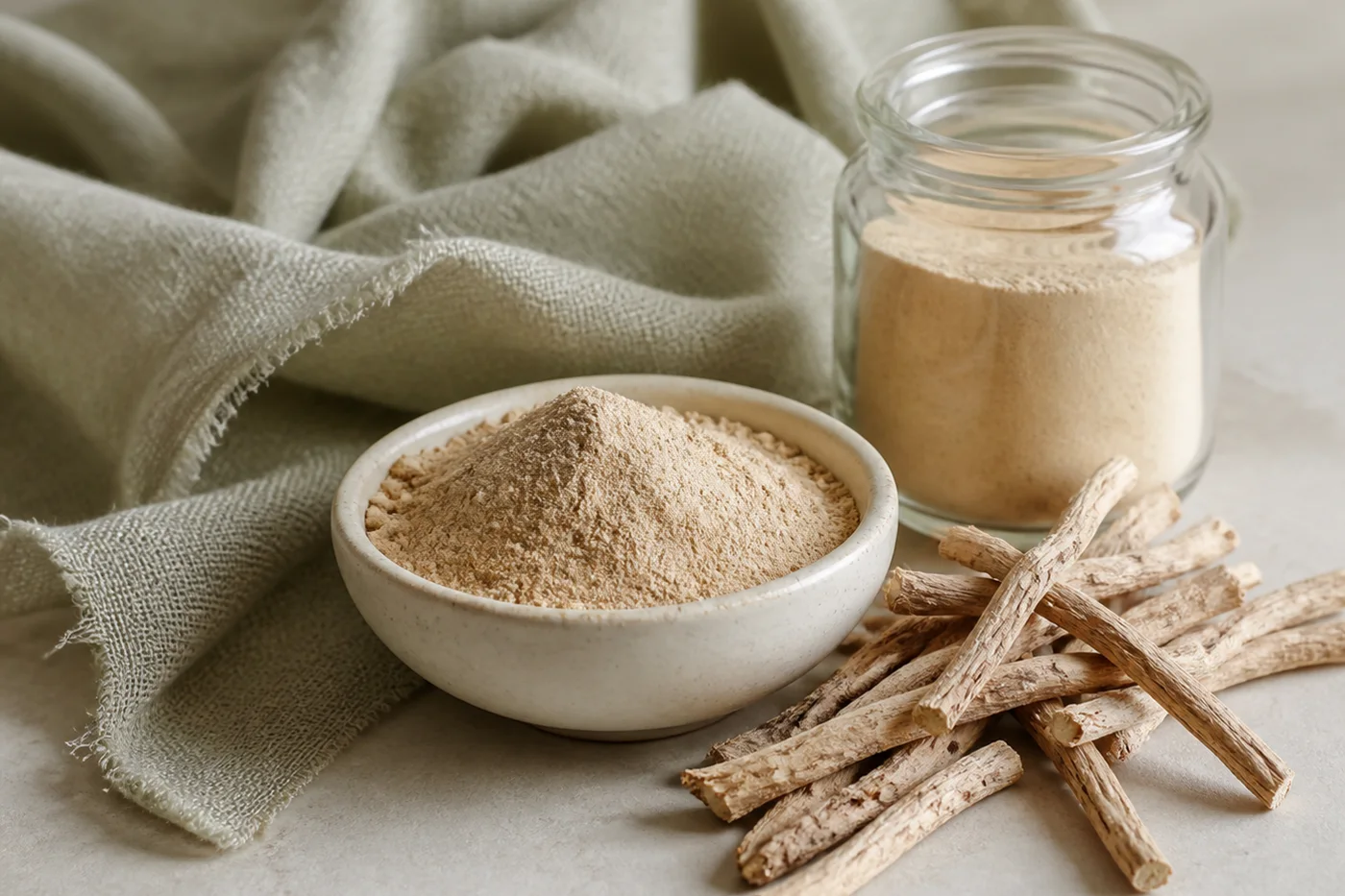 Ashwagandha powder and dried roots in a calm beige ingredient still life