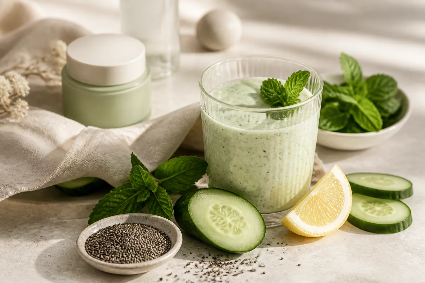 Low sugar cucumber kefir smoothie with chia seeds mint and skincare jar