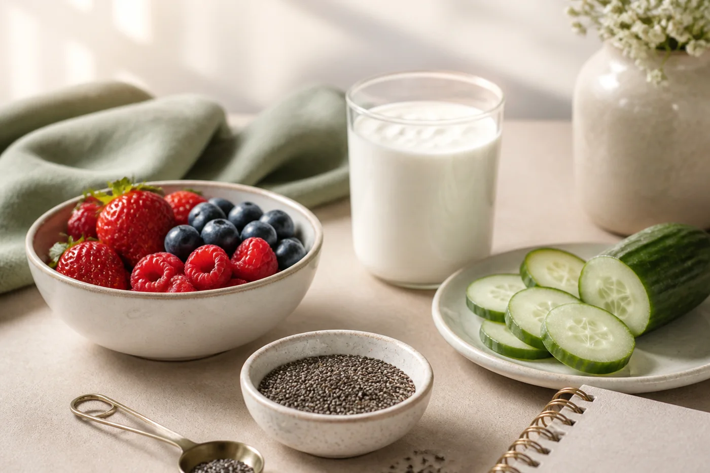 Kefir berries cucumber chia seeds and notebook for low sugar smoothie planning