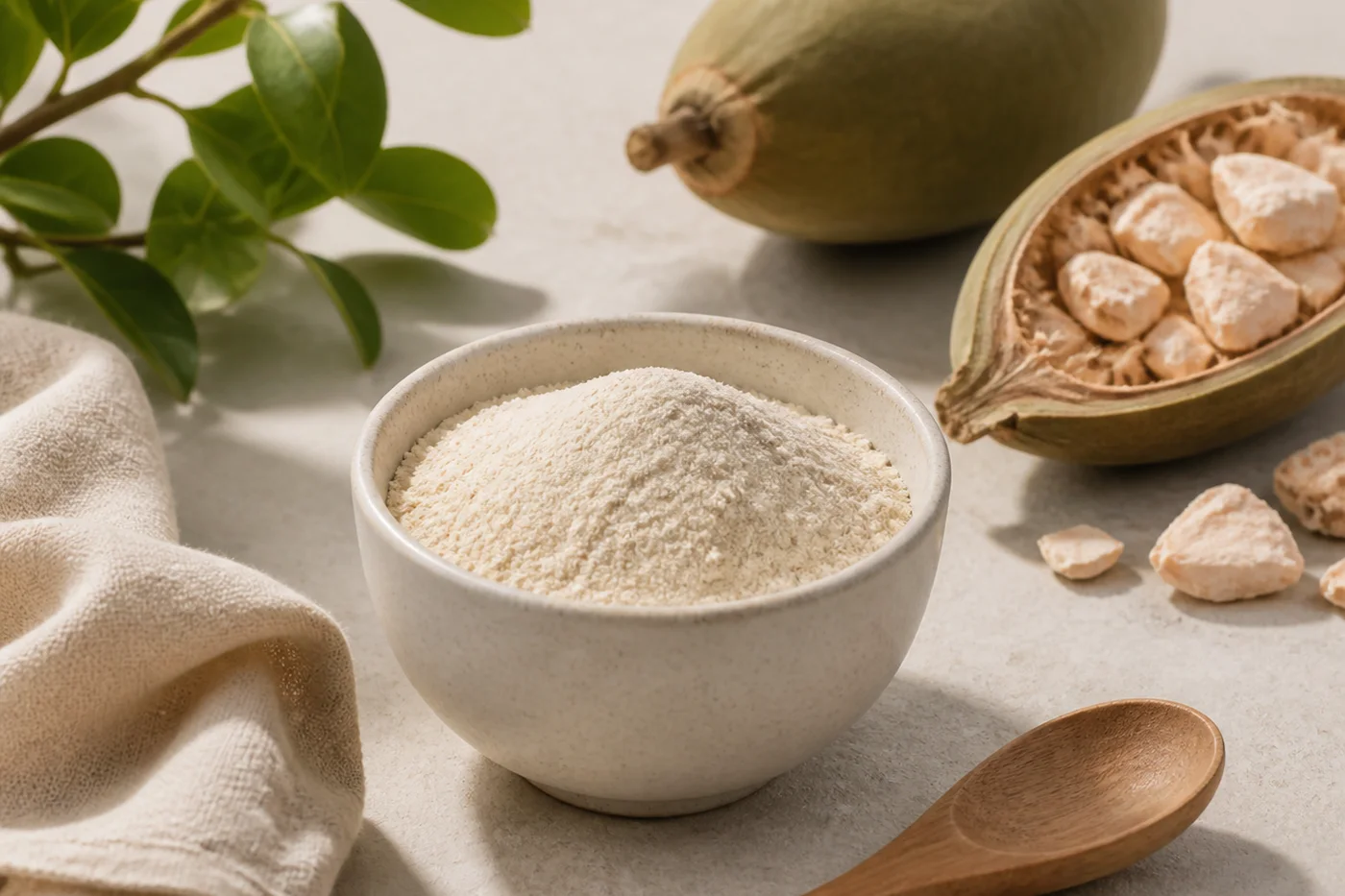 Baobab powder in a ceramic bowl with baobab fruit