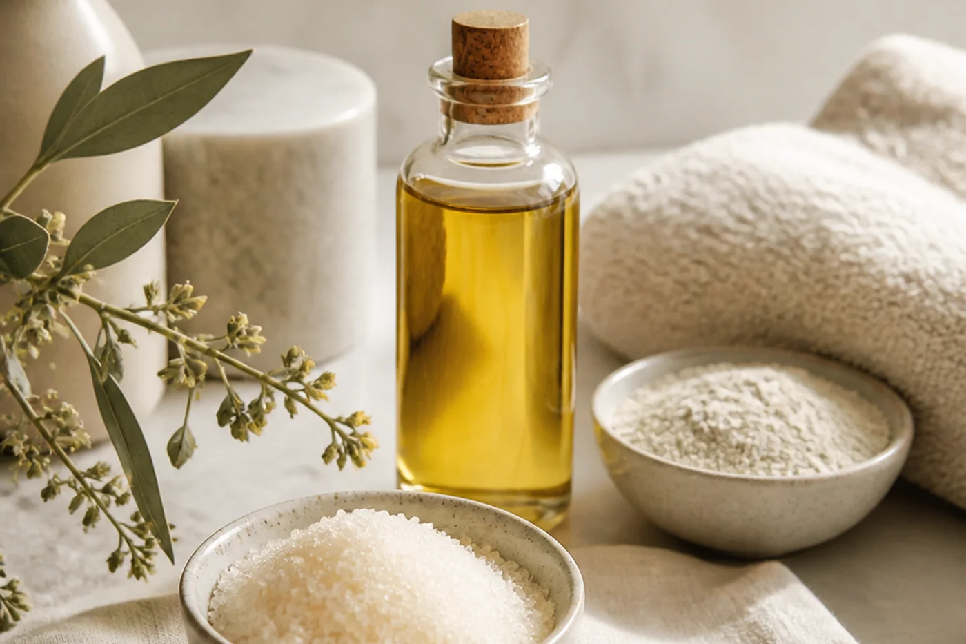 Fine sugar oat flour jojoba oil and towel for a gentle body scrub ritual