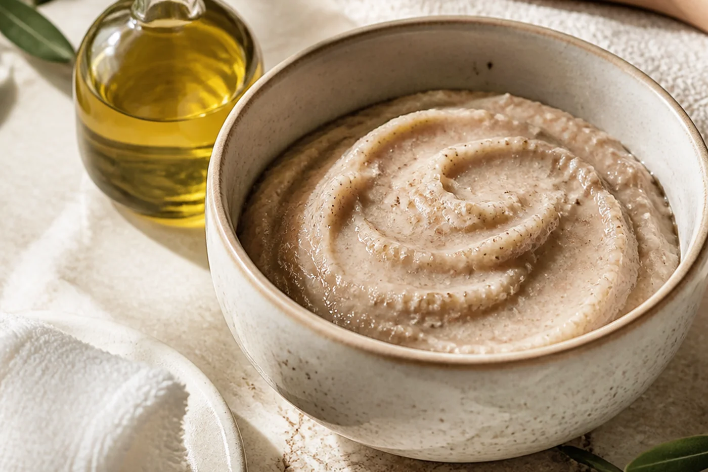 Creamy oat body polish with jojoba oil and soft towel