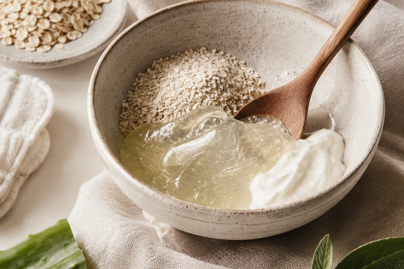 Oat aloe and yogurt soft comfort face mask in a ceramic bowl