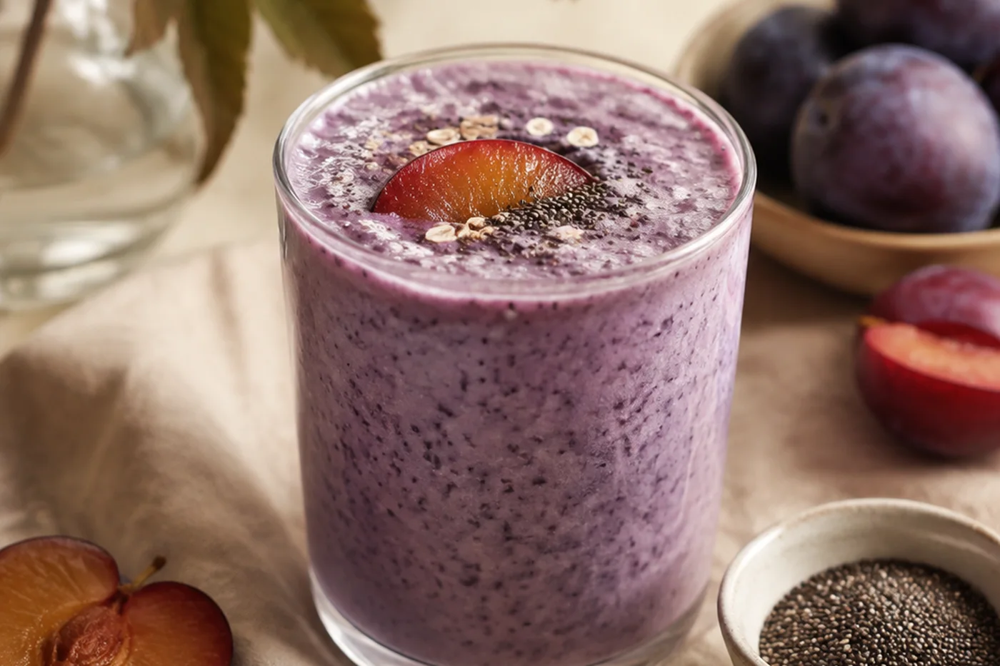 Plum kefir chia soft glow smoothie with oats and chia seeds