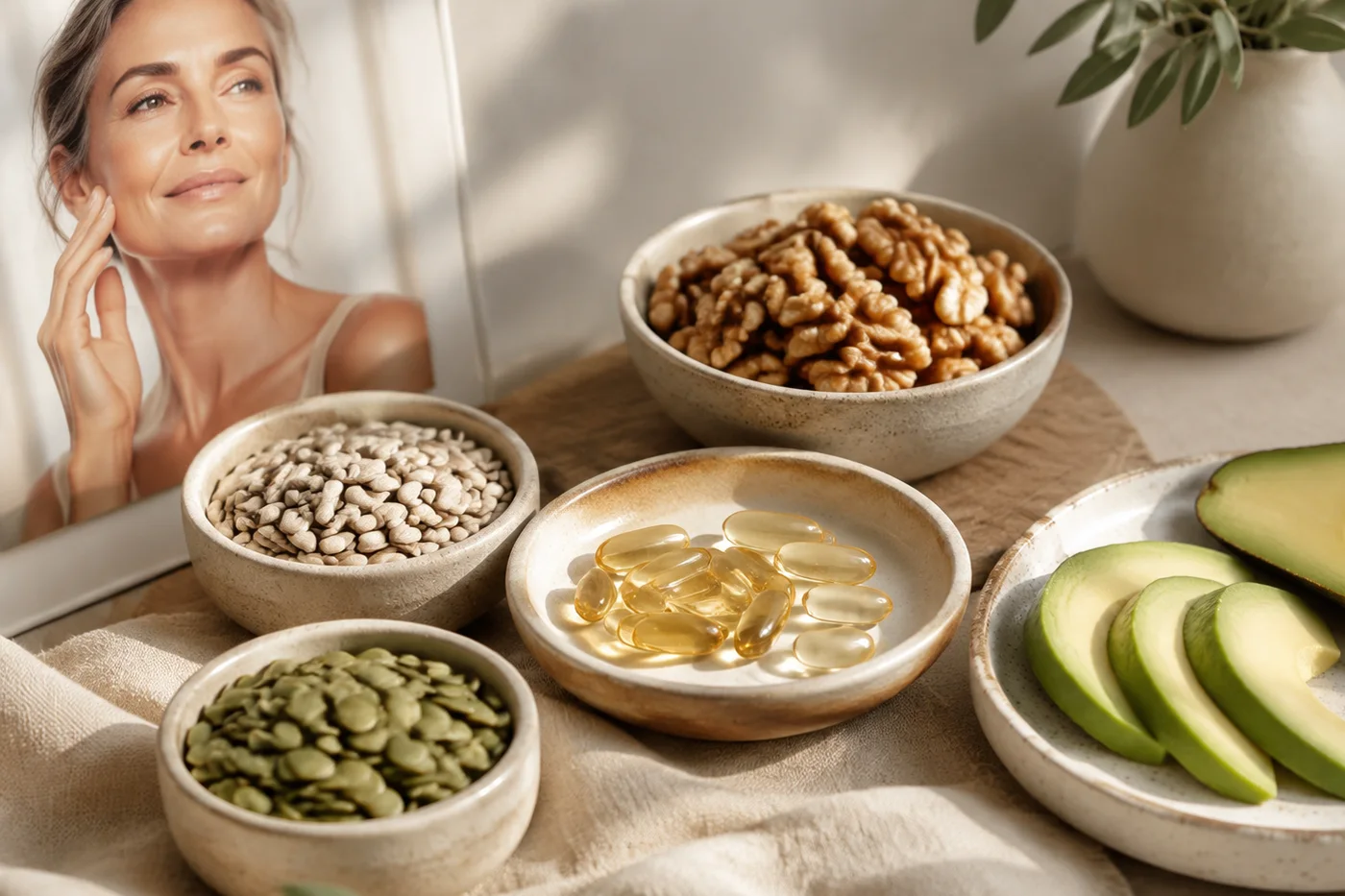 Vitamin E foods seeds walnuts avocado and softgel capsules for mature skin