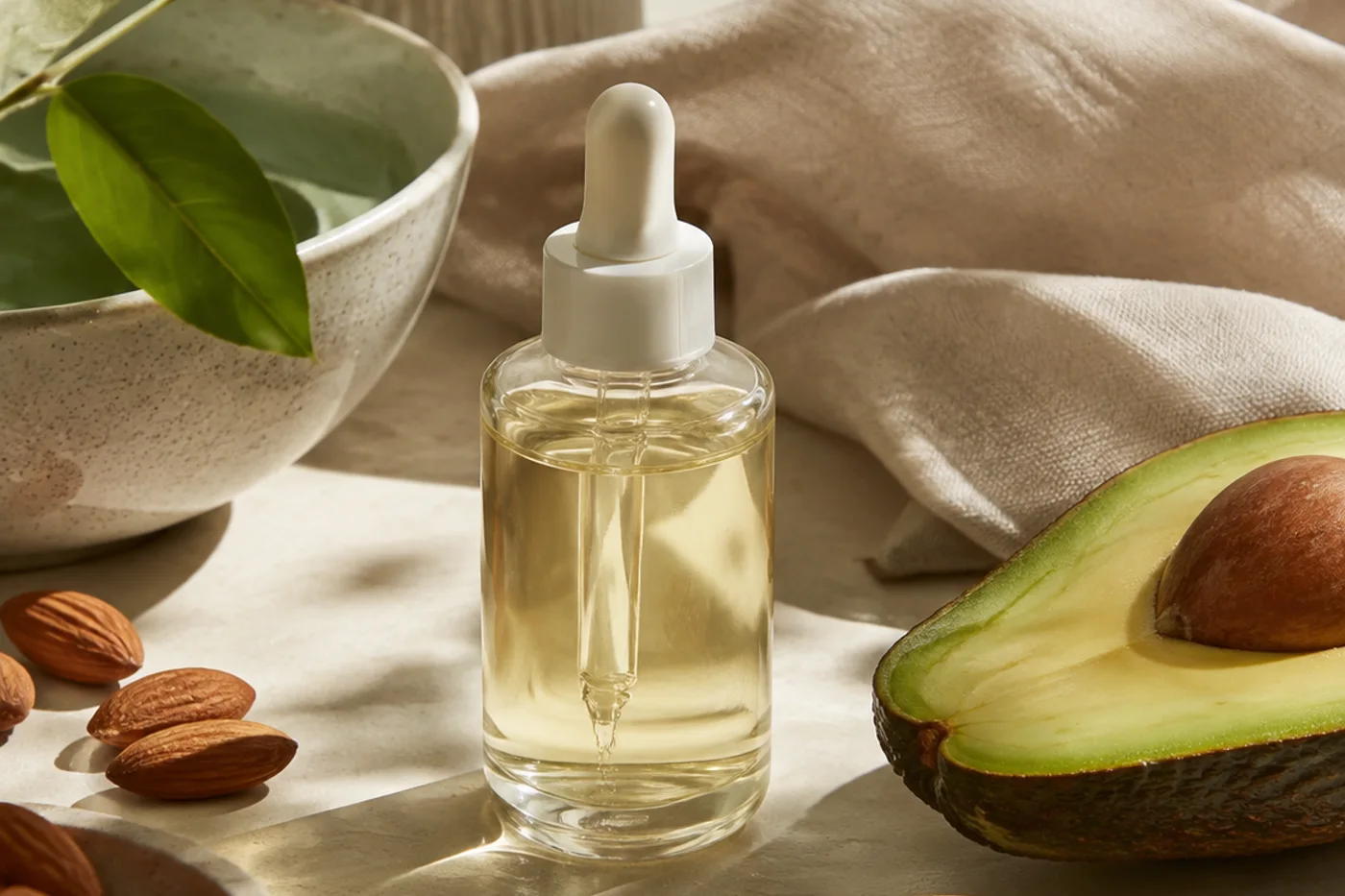 Almonds sunflower seeds avocado and an unbranded oil dropper for vitamin E skincare