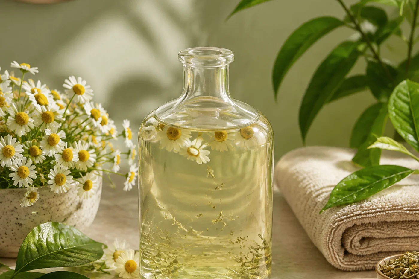 Chamomile green tea soft shine hair rinse in a glass bottle