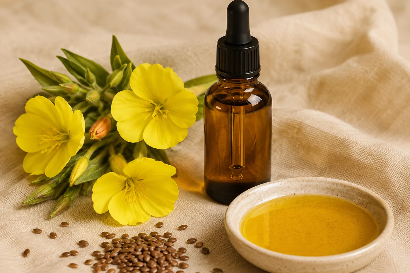 Evening primrose oil flowers seeds and amber dropper bottle