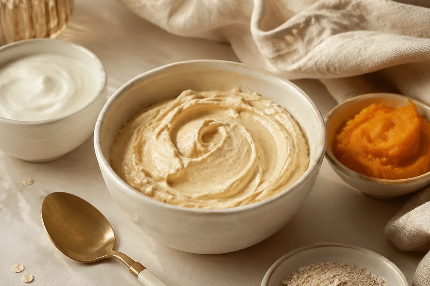Pumpkin yogurt oat soft renew face mask in a ceramic bowl