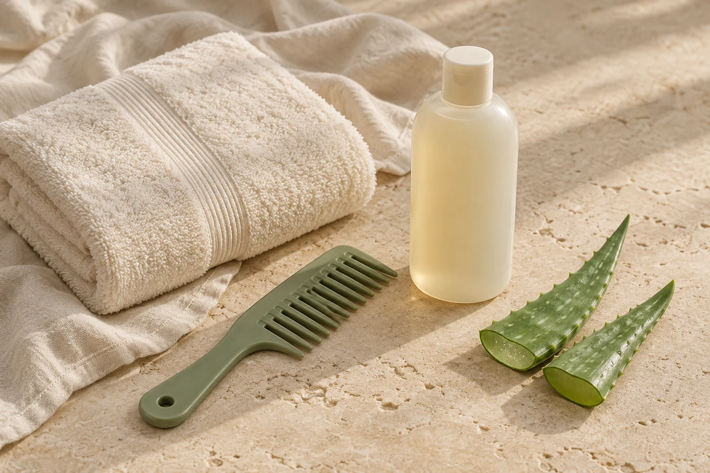 Gentle wash day still life with towel comb aloe and unbranded shampoo