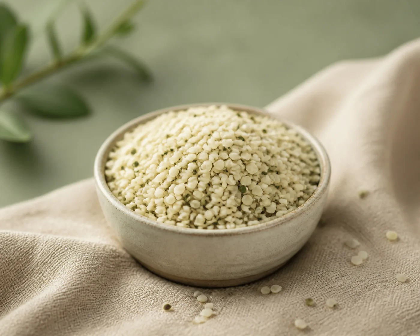 Hemp seeds in a ceramic bowl on beige linen