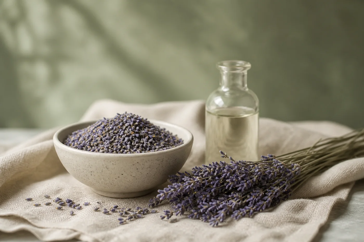 Dried lavender flowers in a ceramic bowl with a small glass bottle