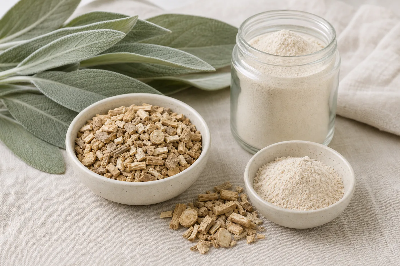 Dried marshmallow root and botanical powder in ceramic bowls
