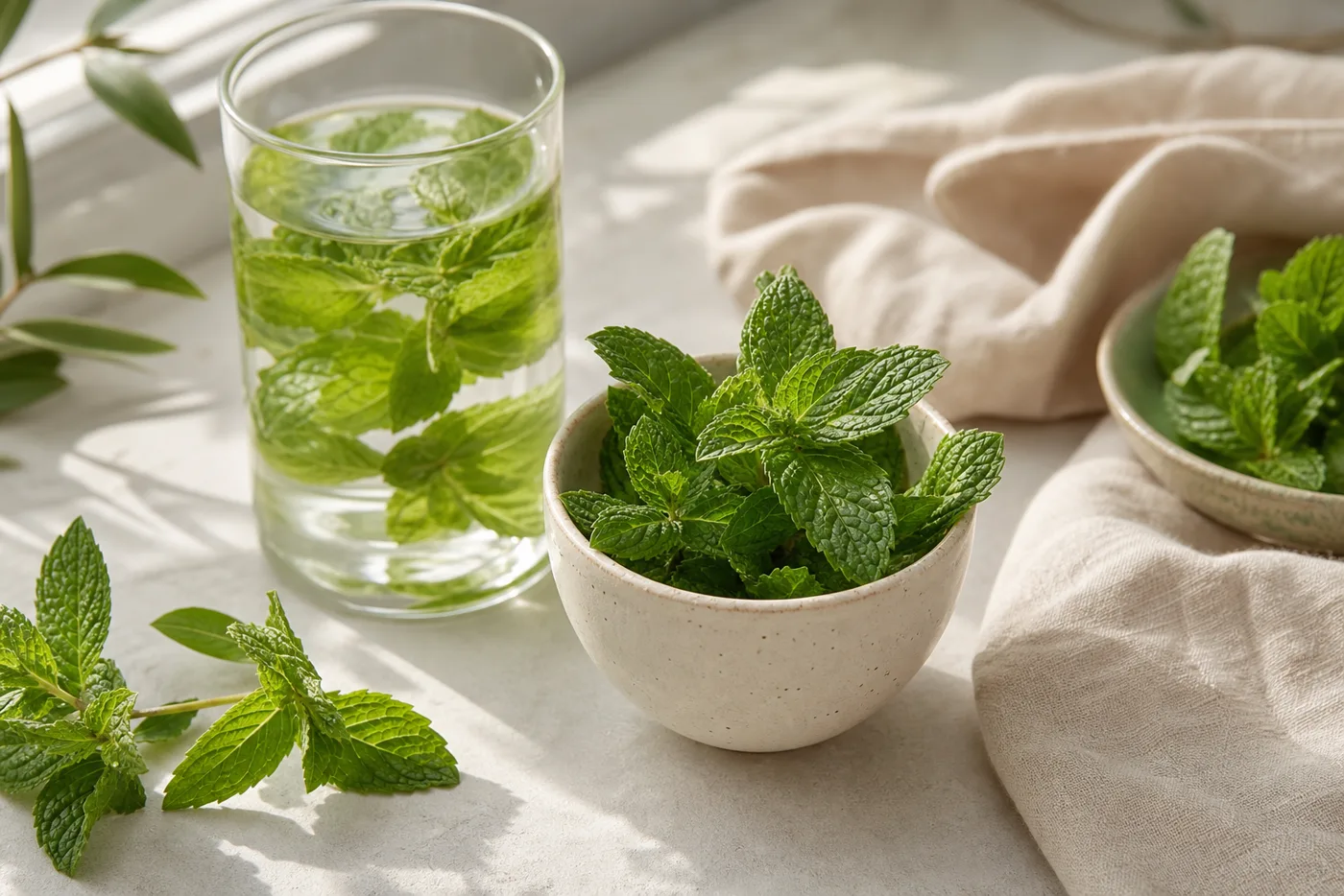 Fresh mint leaves in a cream bowl with mint water on beige linen