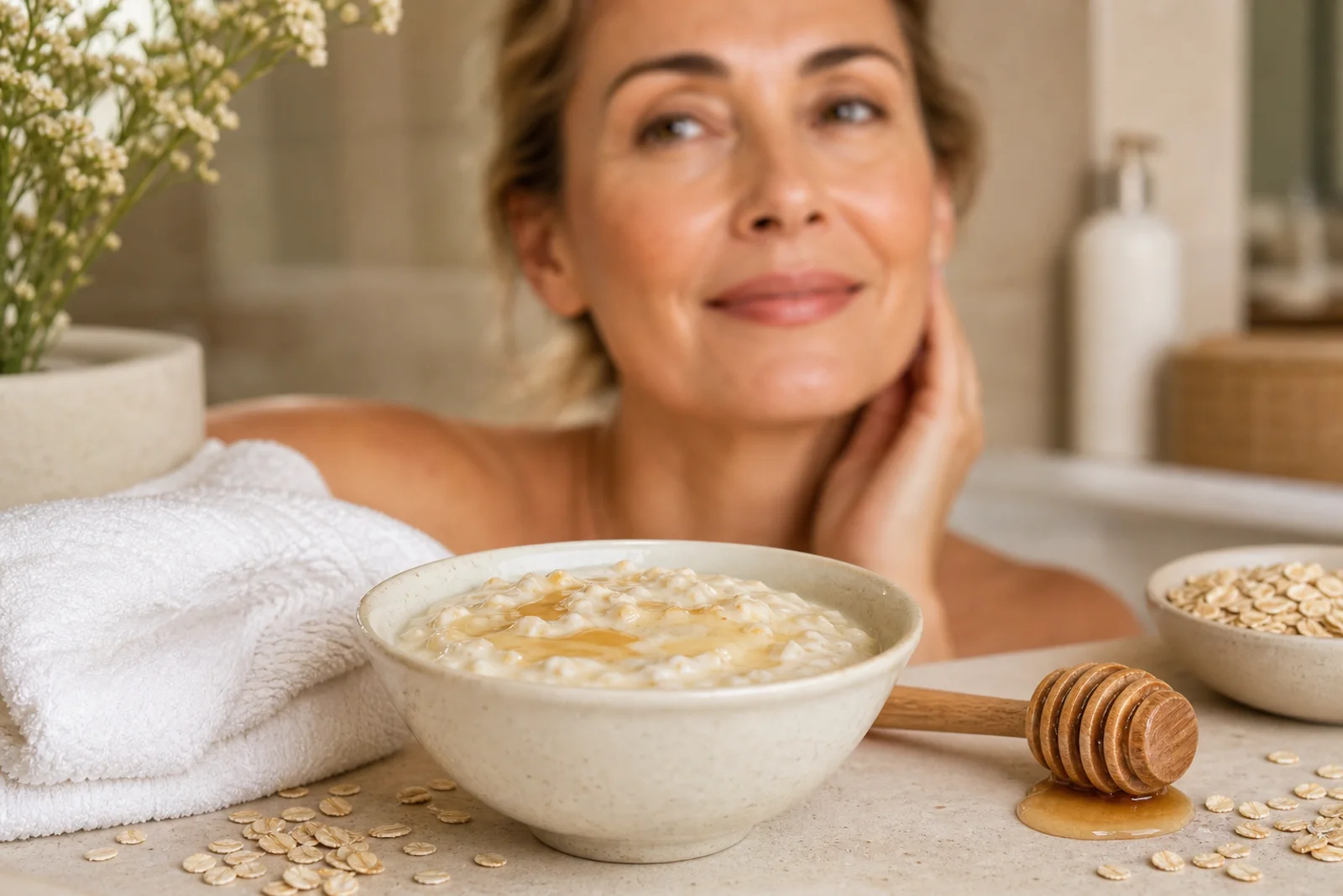 Oat, honey and yogurt comfort mask for mature skin in a beige Glow Rituals spa setting.