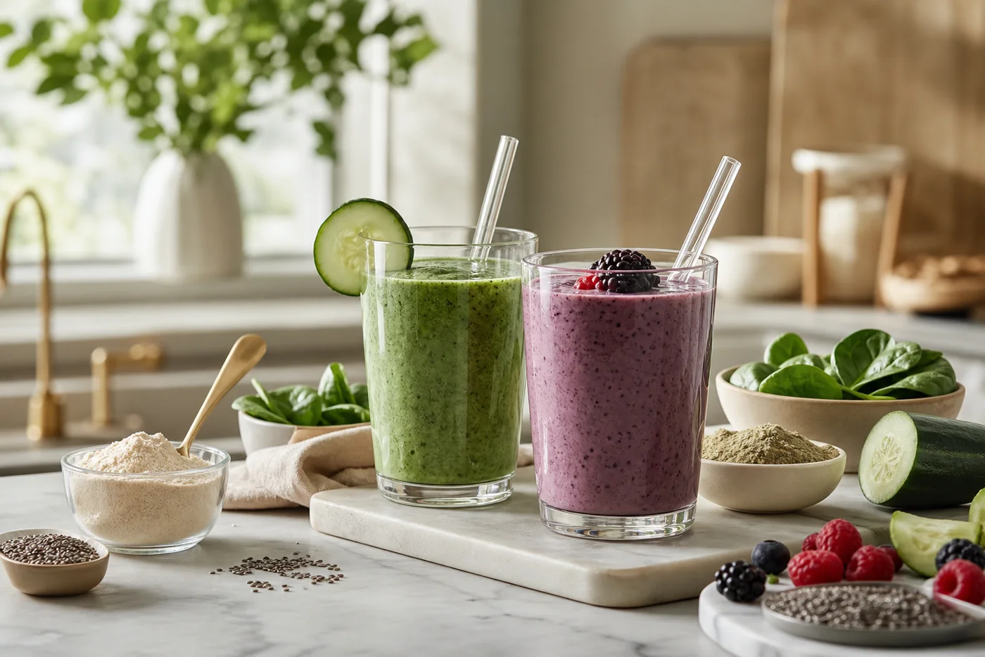 Low-sugar green and berry smoothies with cucumber, greens, chia and protein powder