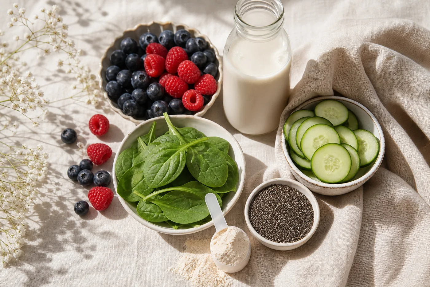 Low-sugar smoothie ingredients with berries, cucumber, greens, chia and protein powder