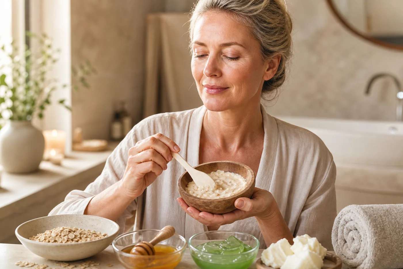 Mature woman preparing a rich comfort face mask with oats, honey and shea butter in soft daylight