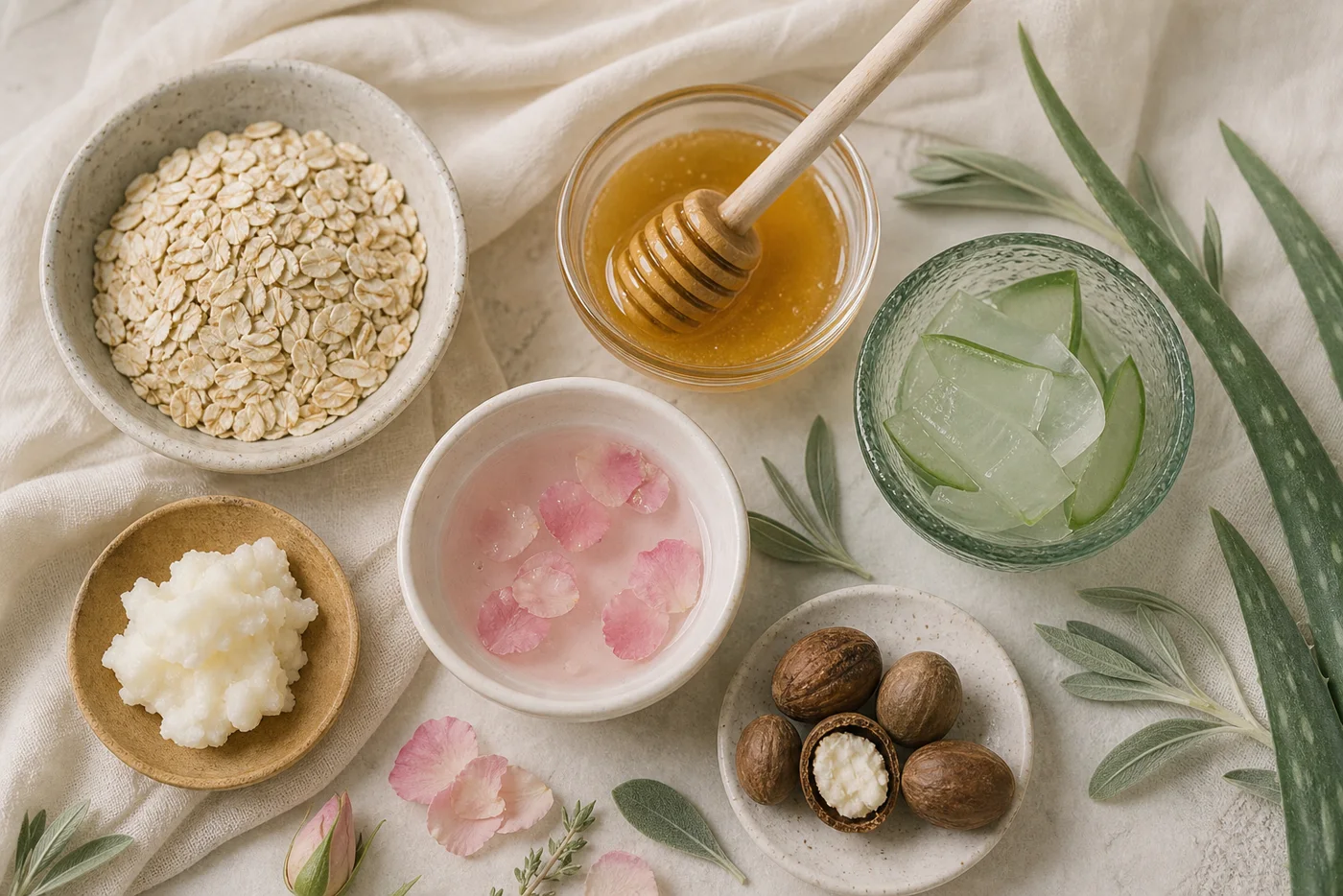 Comforting dry skin mask ingredients arranged in bowls: oats, honey, aloe and shea butter