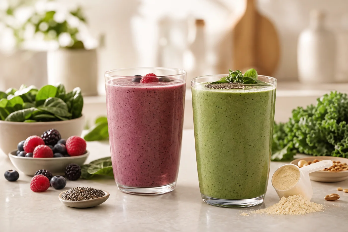 Protein smoothies for women over 40 with berries, greens and a scoop of protein on a bright kitchen counter