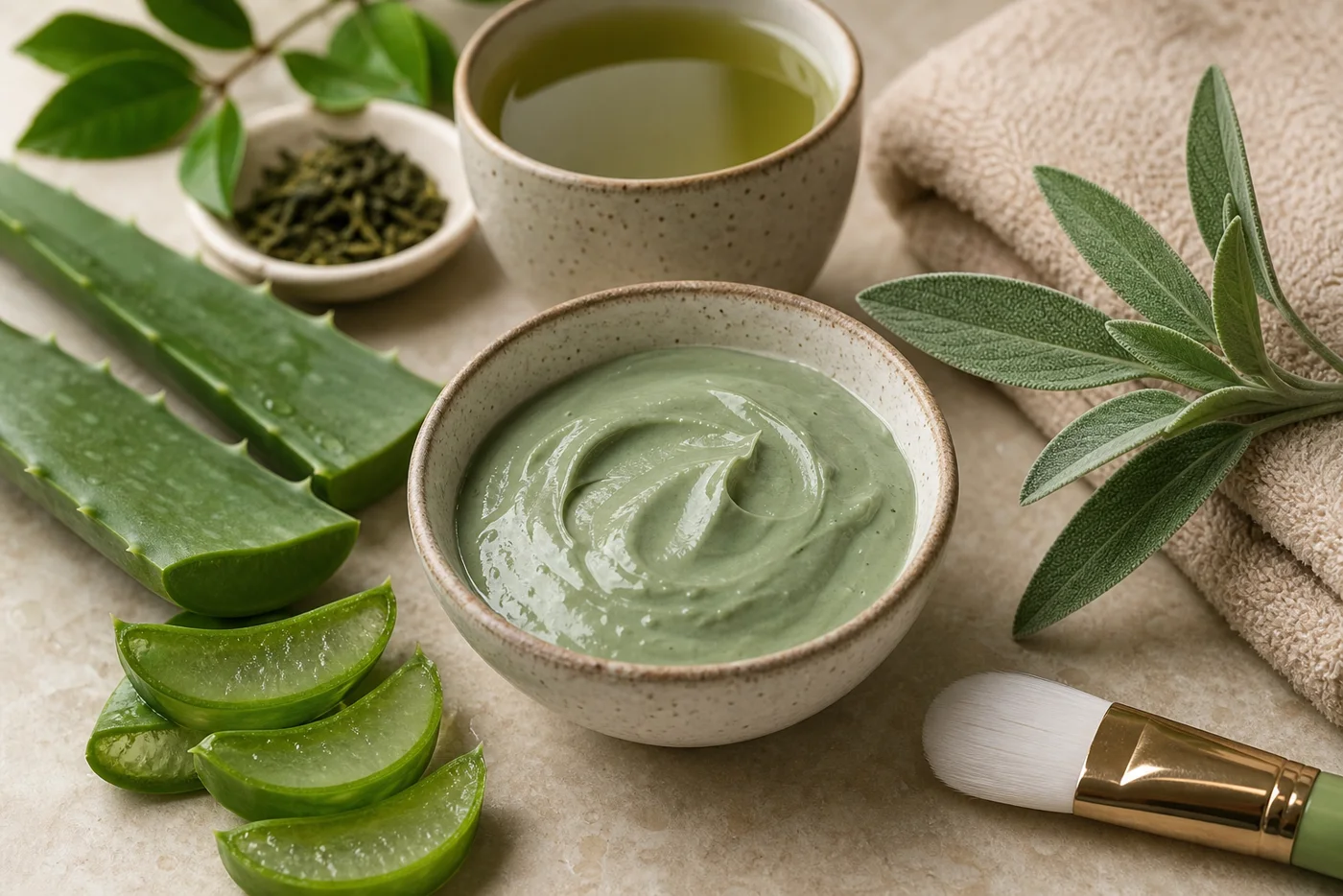 A small bowl of aloe and green tea face mask with aloe leaves and a soft mask brush.