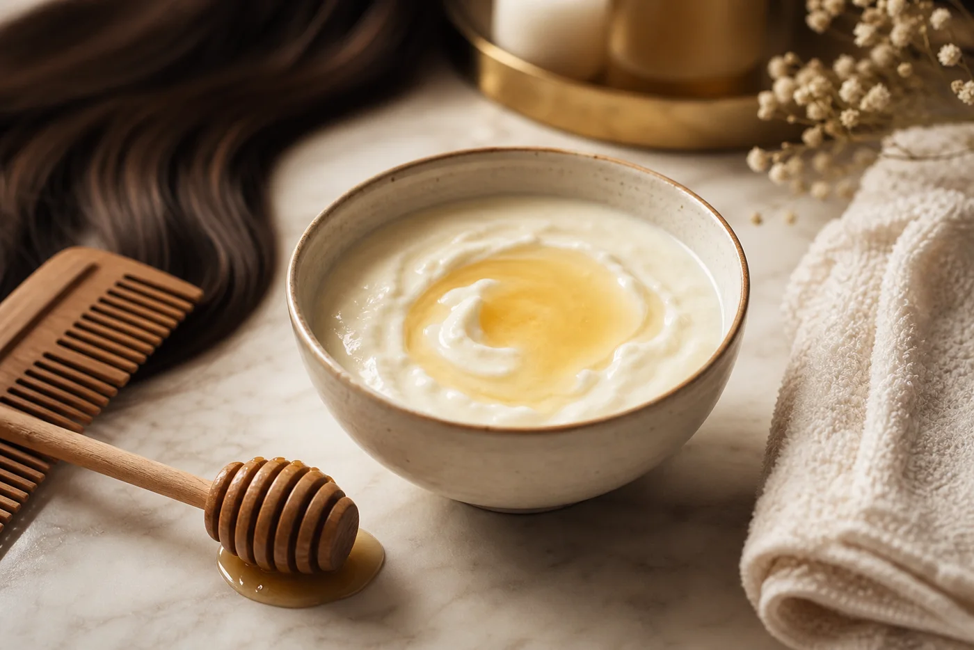 A creamy yogurt and honey hair mask in a ceramic bowl beside a wooden comb and towel.