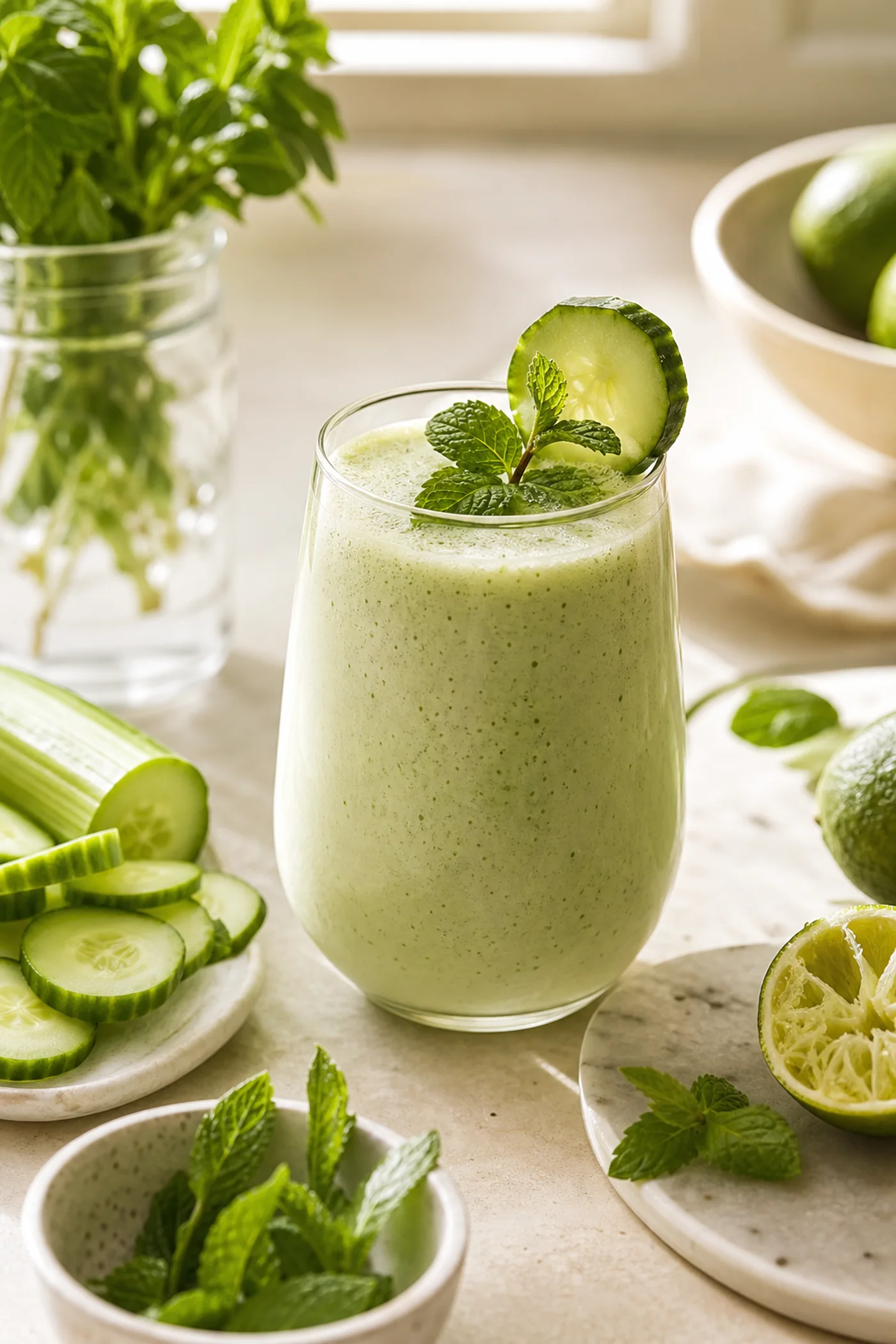 A pale green cucumber mint smoothie with cucumber slices and mint on a bright kitchen table.
