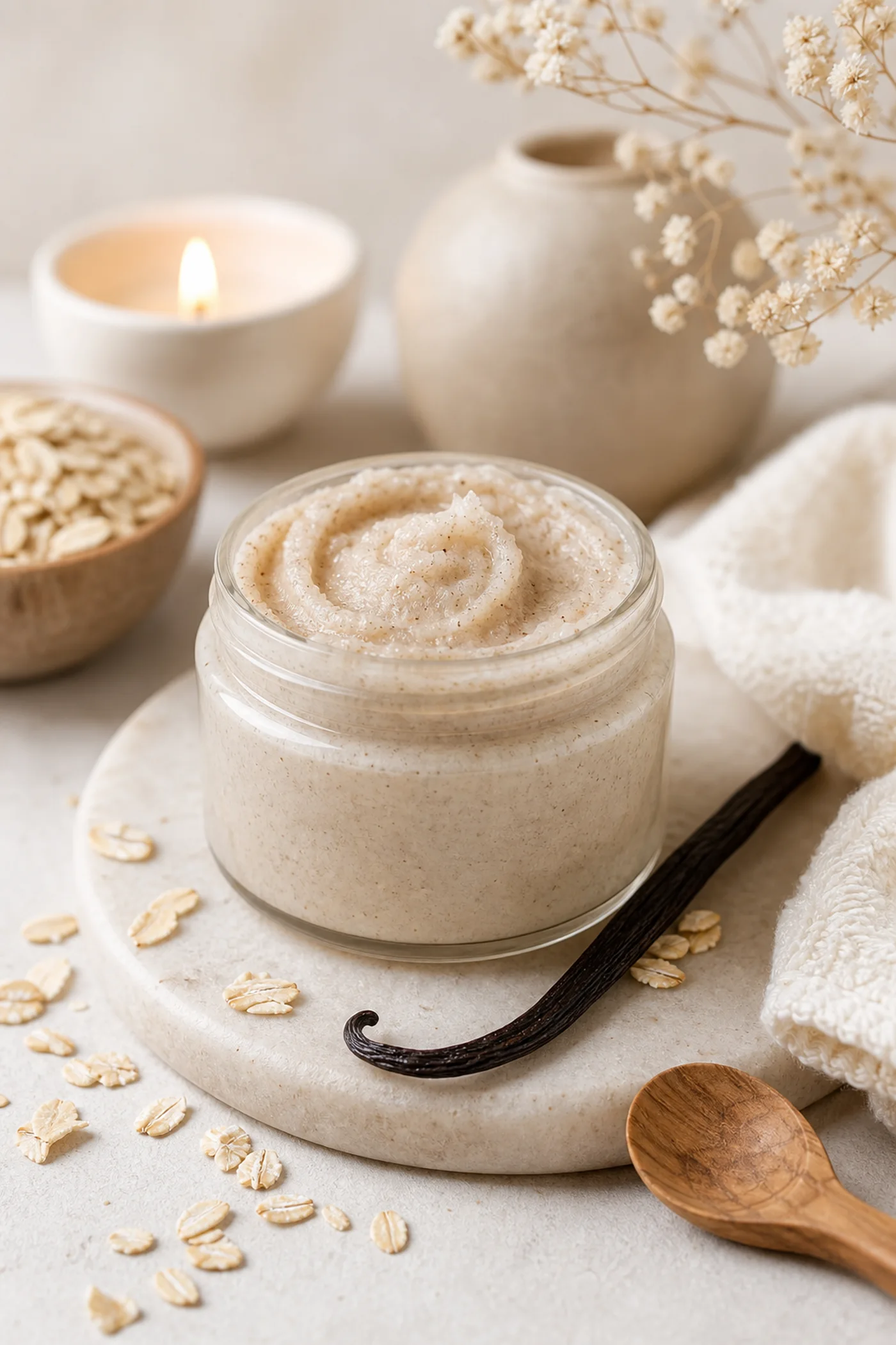 A gentle oat vanilla body scrub in a glass jar with oats, vanilla and a wooden spoon.