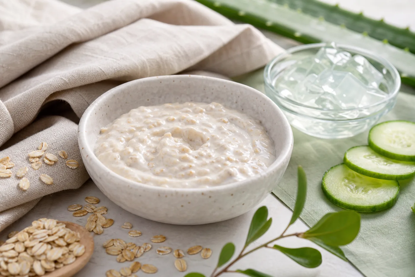 Aloe Oat Cooling Mask for Dehydrated Skin prepared in a clean beige and sage Glow Rituals setting