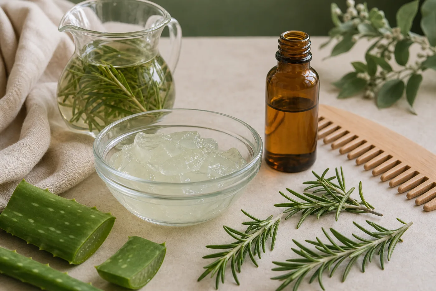Aloe Rosemary Soft Scalp Pre-Wash ingredients in a soft clean-beauty still life