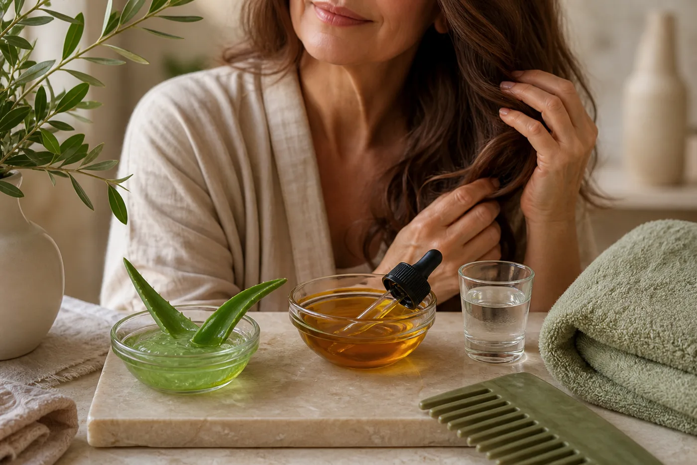 Argan oil, aloe vera gel and a wide-tooth comb for a soft ends hair ritual