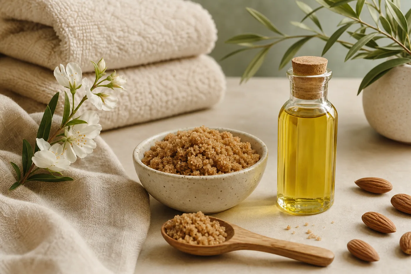 Brown Sugar Almond Oil Dry-Area Body Polish prepared in the Glow Rituals beige and sage style