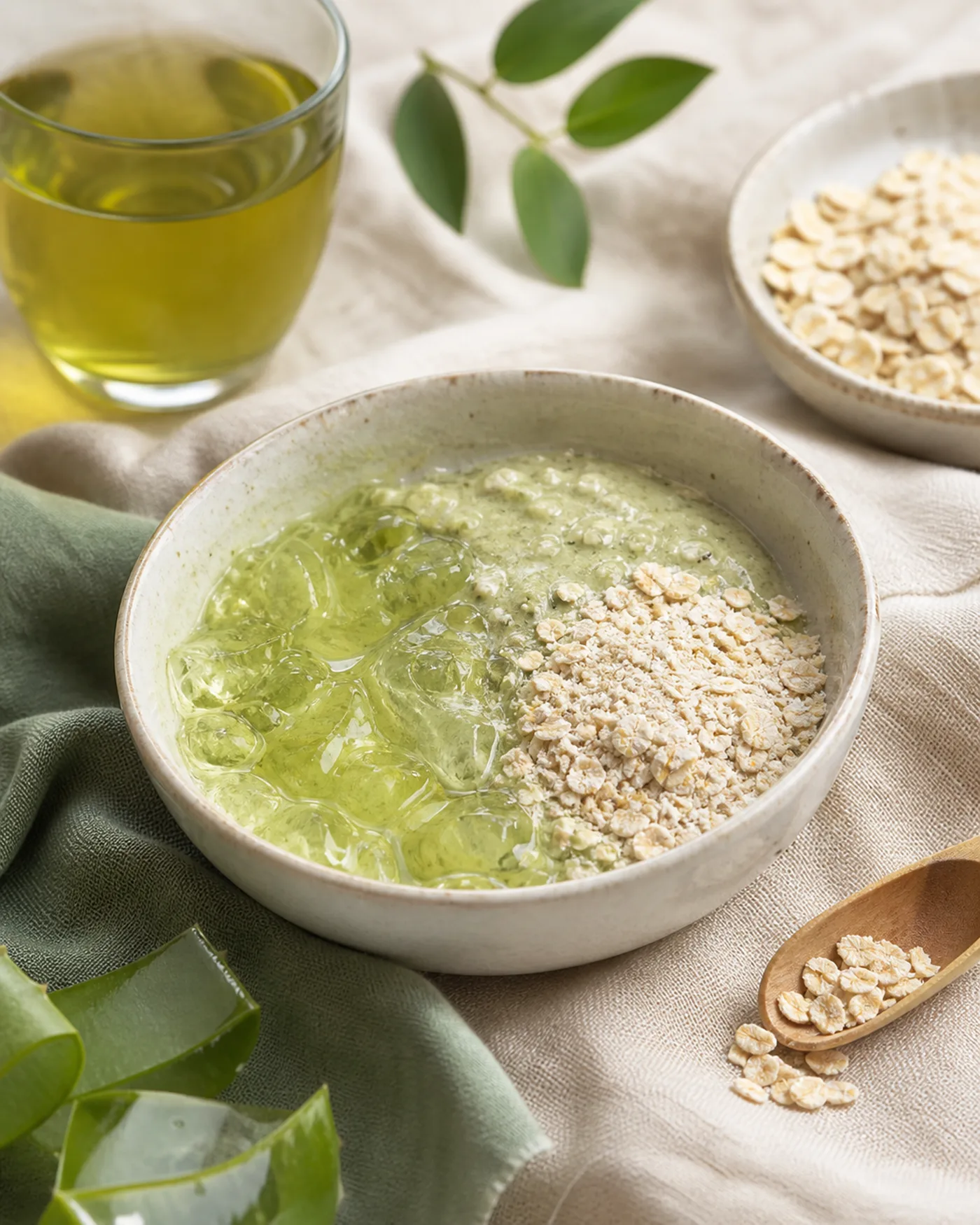 Calendula tea, aloe gel and oats prepared as a gentle calm-looking face mask