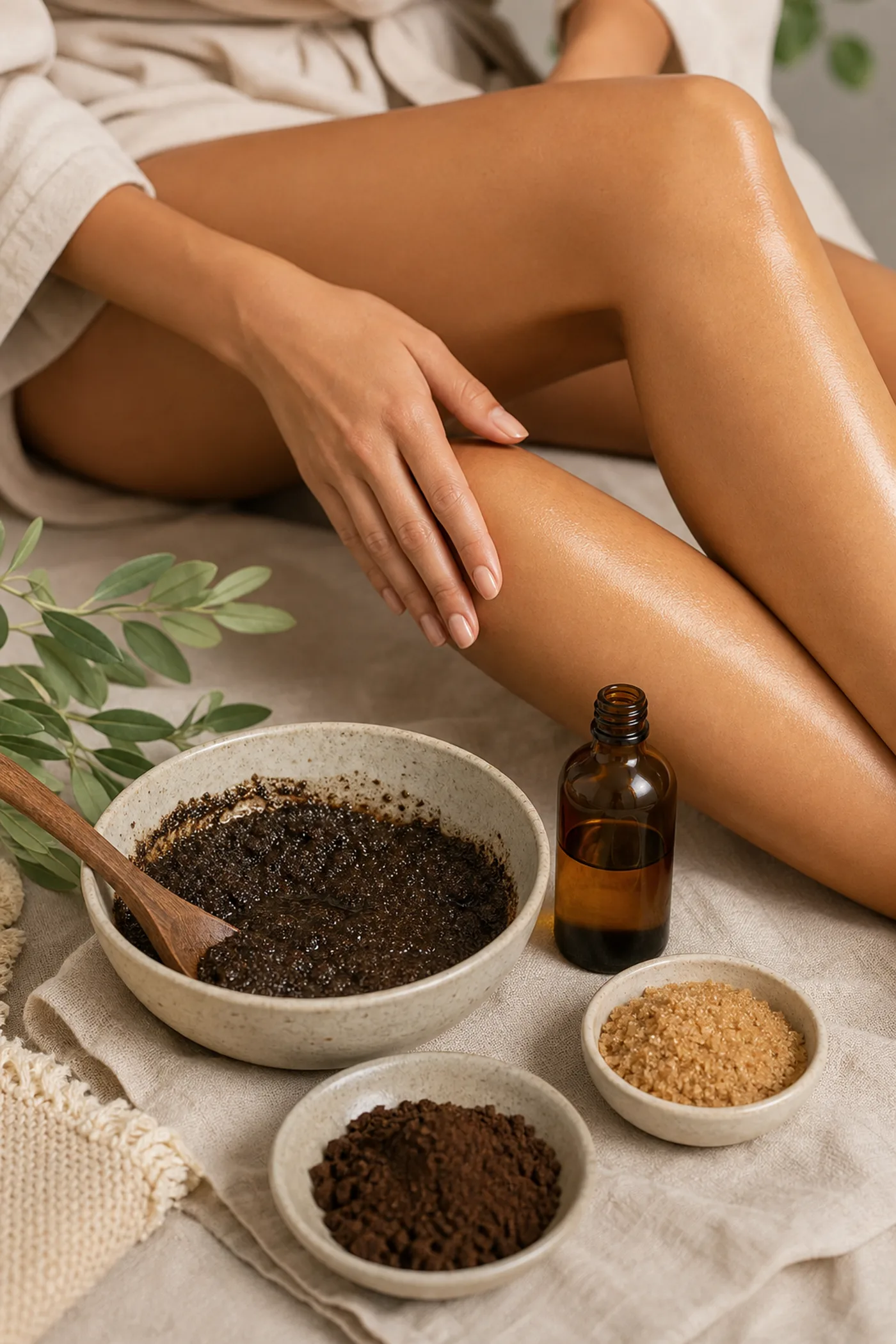 Coffee Jojoba Smooth-Looking Legs Polish prepared in a clean beige and sage Glow Rituals setting