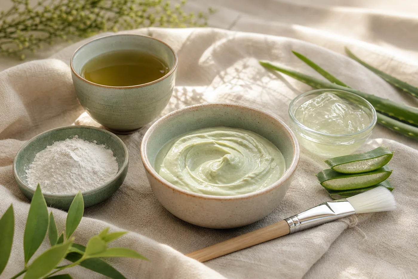 Green Tea Rice Flour Calm-Looking Face Mask ingredients in a soft clean-beauty still life