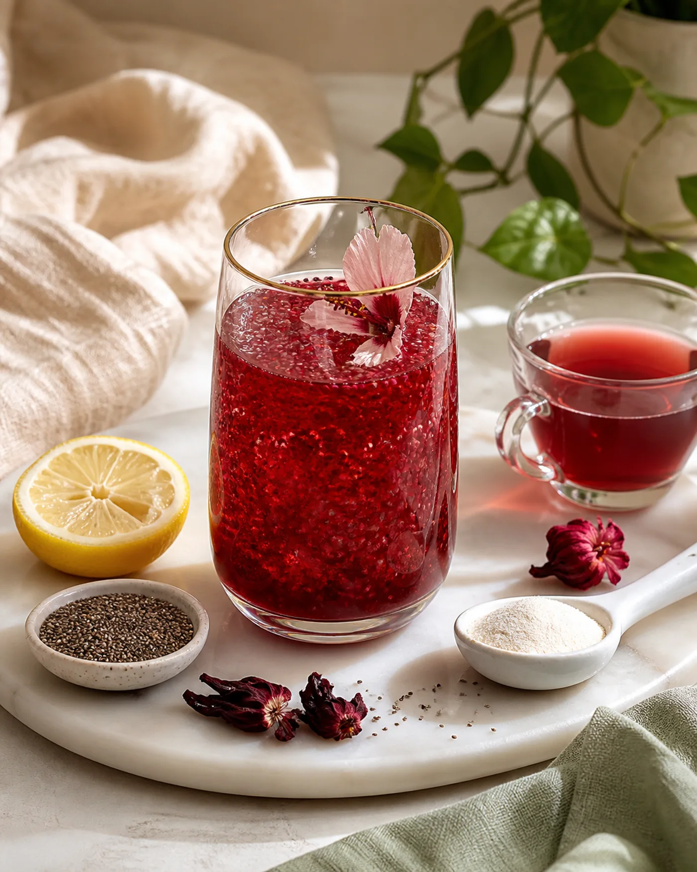 Hibiscus Chia Collagen Fresh-Looking Skin Drink prepared in the Glow Rituals beige and sage style
