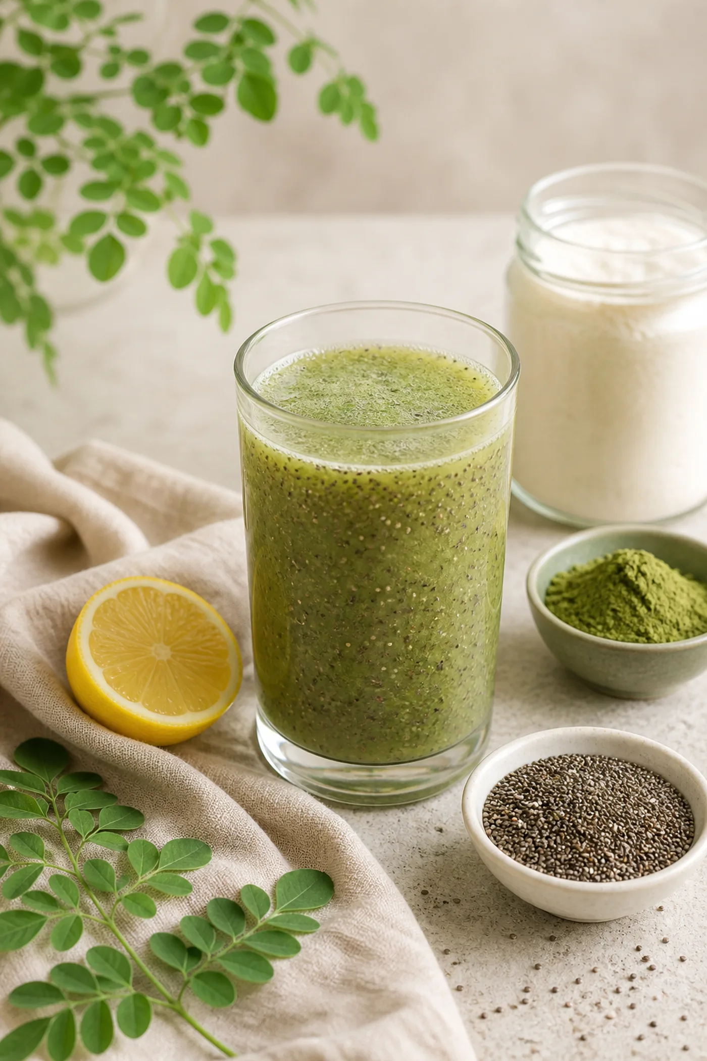Moringa Chia Light Green Beauty Drink prepared in a clean beige and sage Glow Rituals setting