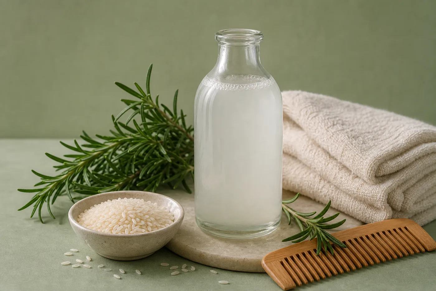 Rice Water Rosemary Soft Hair Rinse prepared in a clean beige and sage Glow Rituals setting