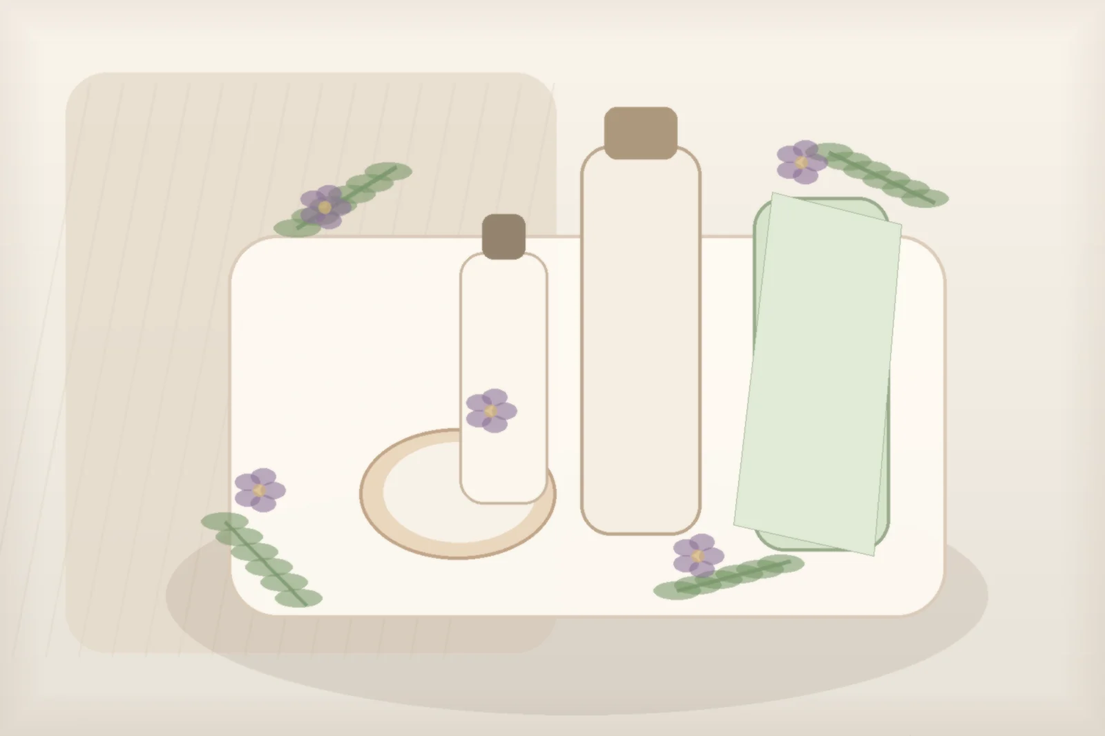 Unlabelled bakuchiol serum, moisturizer and sunscreen in a soft mature-skin routine still life