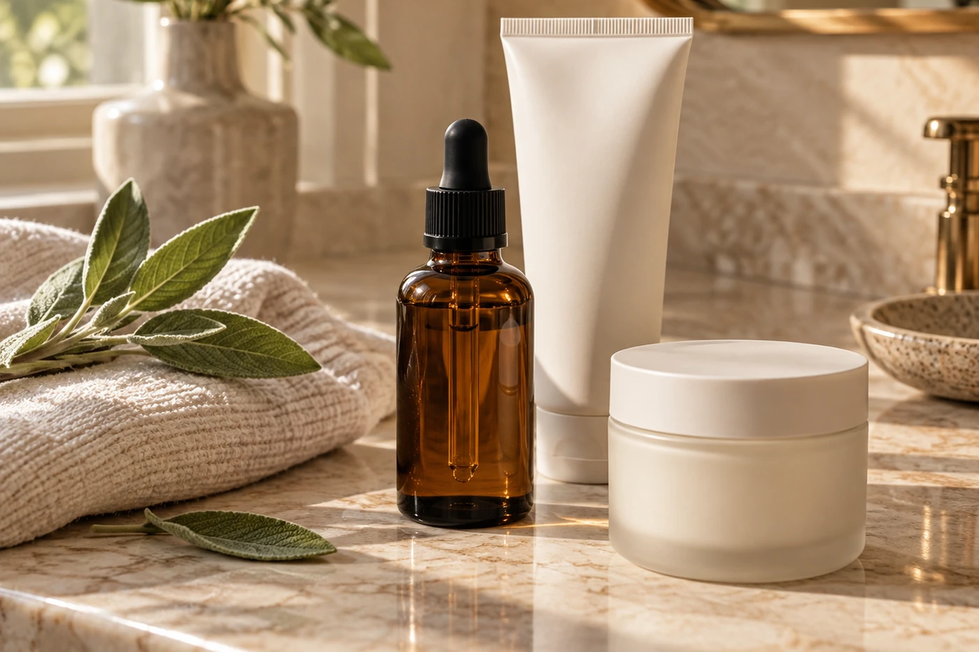 Realistic premium skincare photo with unlabelled serum, moisturizer and sunscreen for a gentle tranexamic acid dark-spot routine after 40