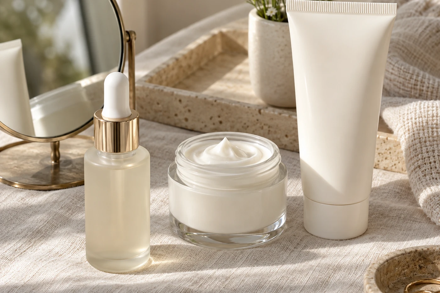 Realistic premium skincare photo with unlabelled serum, moisturizer and sunscreen for a gentle tranexamic acid dark-spot routine after 40